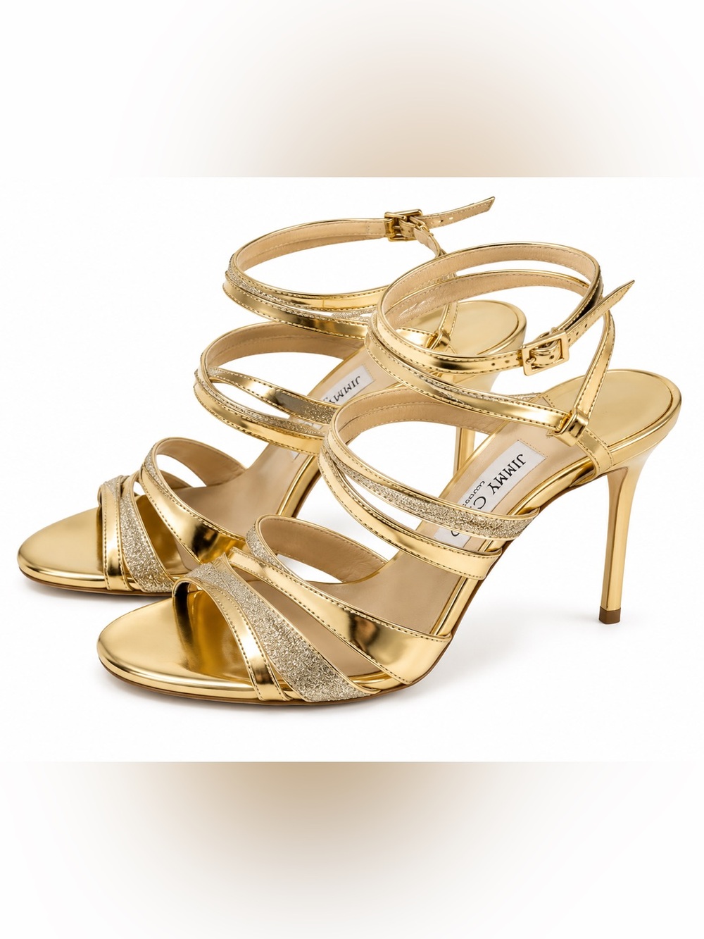 Jimmy Choo Metallic Gold Multi-Strap Stiletto Sandals CT